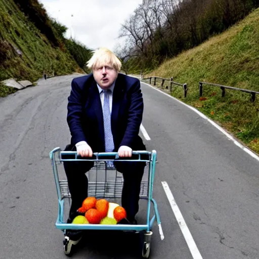 Prompt: Boris Johnson sitting inside a shopping-cart sliding downhill a very steep road, anatomically correct