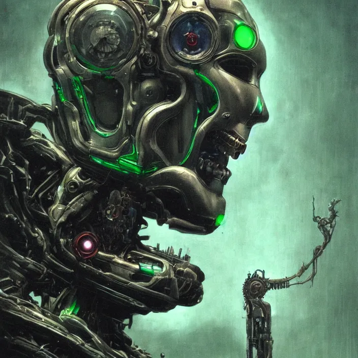 Image similar to portrait of a green Ultron from Age of Ultron, clockwork steampunk, head and chest only, by Beksinski, 4k, deviantart, trending on artstation