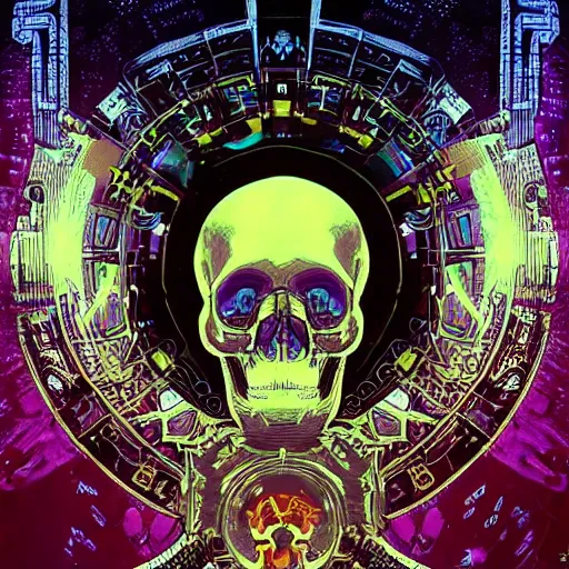 Image similar to cyberpunk skull merged with thousand cherries night sky art moebius alphonse mucha futuristic hi-tech details door in background loading screen