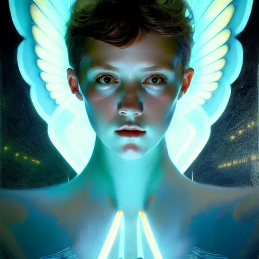 Image similar to tron angel, innocent face, psychedelic lsd, diffuse lighting, hyper realistic, elegant, intricate, hyper detailed, smooth, sharp focus, concept art, illustration, trending on artstation, art by john collier, artem demura, greg rutkowski, james gurney, and alphonse mucha