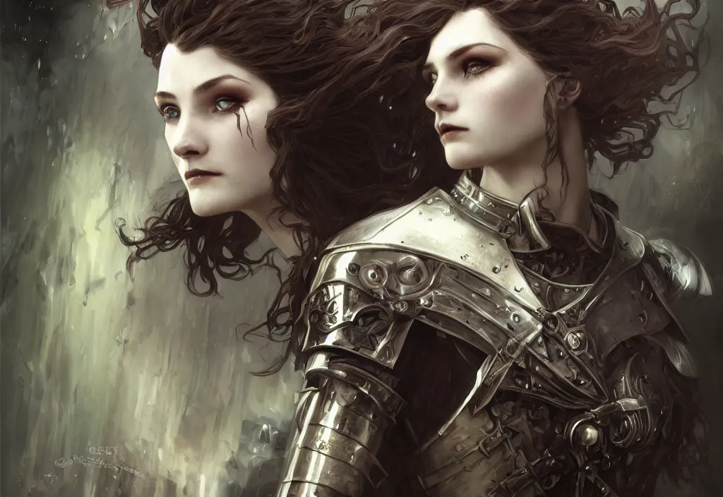 Prompt: beautiful and gothic and evil and dieselpunk young medieval female knight portrait + smoky eyes + front face with light flowing hair, ultradetail face, art and illustration by tian zi and craig mullins and wlop and alphonse mucha, fantasy, intricate complexity, human structure, human anatomy, fantasy character concept, watermark, blurry, hyperrealism 8 k