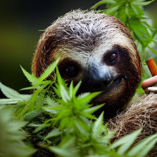 Prompt: a super chill sloth smoking a joint in a field of weed, HD photograph 8K trending on artstation