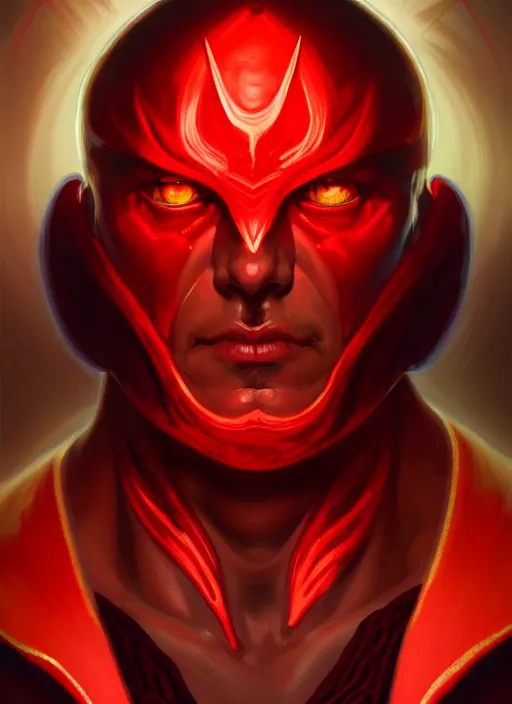 Image similar to symmetry!! portrait of a evil man, glowing red eyes!! muscular, robes! intricate, elegant, highly detailed, digital painting, artstation, concept art, smooth, sharp focus, illustration, art by artgerm and greg rutkowski and alphonse mucha