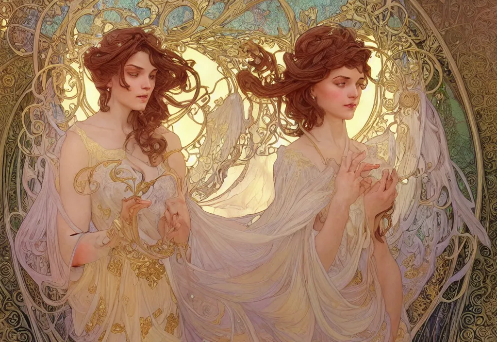 Image similar to an angel, highly detailed, very intricate, art nouveau, gold filigree, romantic storybook fantasy, soft cinematic lighting, award - winning, disney concept art watercolor illustration by mandy jurgens and alphonse mucha and alena aenami, pastel color palette, featured on artstation