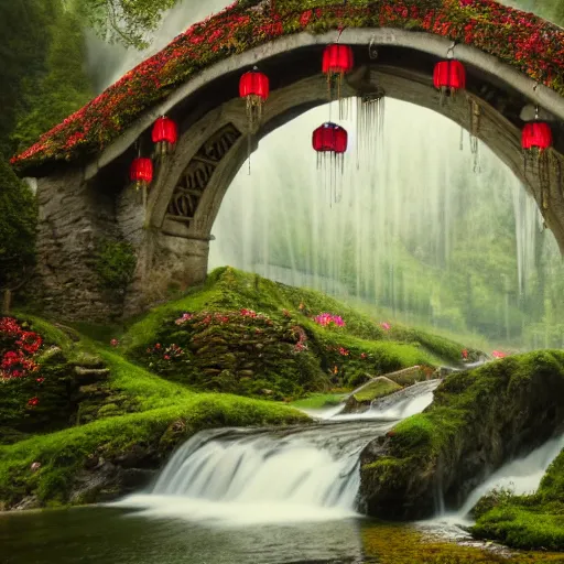 Prompt: spring festival at medieval hobbit village, ornate, beautiful, atmosphere, vibe, mist, smoke, fire, chimney, rain, wet, pristine, puddles, waterfall, melting, dripping, snow, creek, lush, ice, bridge, stew, loaves, green, stained glass, forest, roses, flowers, color page, 4 k, rembrandt