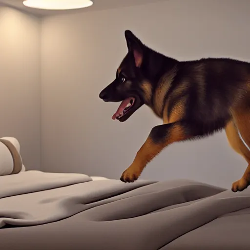 Prompt: in my bedroom my gsd puppy gets the zoomies and jumps around on the bed that has a color comforter, high energy, frenetic craziness, running, jumping, chasing, 3 d octane render, imax 7 0 mm, rtx,