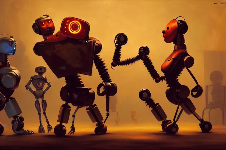 Image similar to robots expressively dancing by otto dix and greg rutkowski and andreas rocha, cinematic lighting, highly detailed, warm colours, 4 k