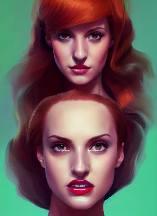 Image similar to full body portrait of teenage cheryl blossom, bangs, green eyes, mischievous expression, red hair, sultry smirk, bangs and wavy hair, intricate, elegant, glowing lights, highly detailed, digital painting, artstation, concept art, smooth, sharp focus, illustration, art by wlop, mars ravelo and greg rutkowski