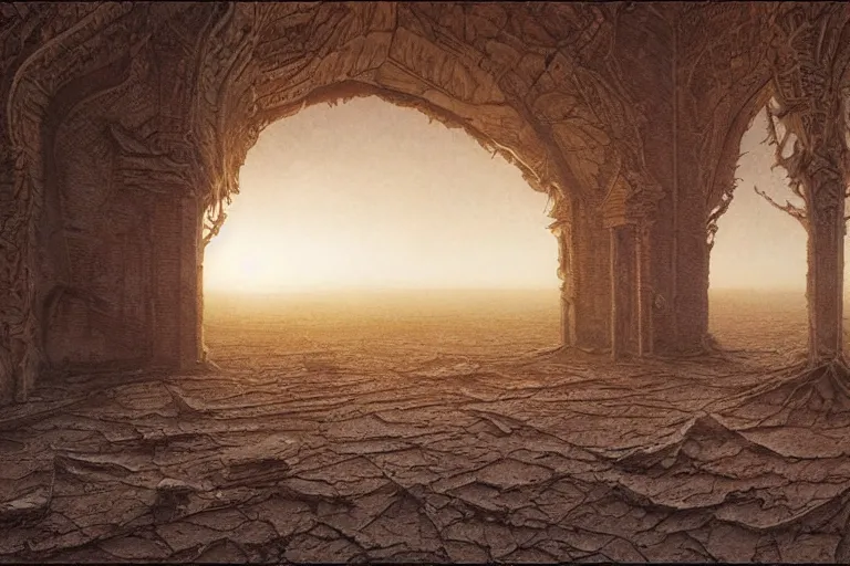 Image similar to intricate, 3 d, endless wastes vast desert abandoned buildings, style by caspar david friedrich and wayne barlowe and ted nasmith