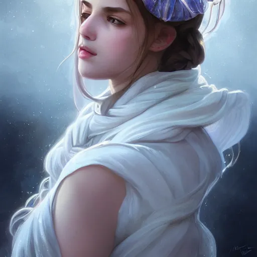 Prompt: portrait of a girl wearing white scarf, long curly hair, twist braid, watery eyes, cat ears, fantasy, intricate, elegant, highly detailed, digital painting, artstation, concept art, smooth, sharp focus, illustration, art by artgerm and greg rutkowski and alphonse mucha