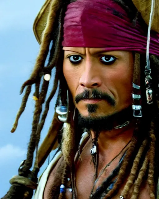 Image similar to Film still close-up shot of Dwayne Johnson as Captain Jack Sparrow from the movie Pirates of the Caribbean. Photographic, photography