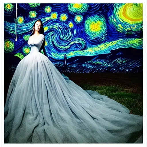 Image similar to Stunning photograph of a model wearing magnificent and ethereal ball gown inspired by Van Gogh's Starry Night. Studio lighting