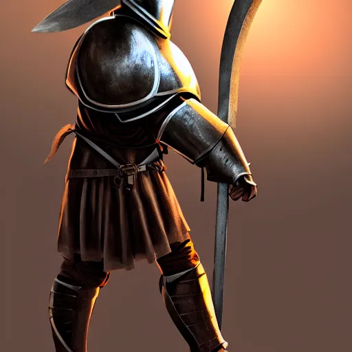 Image similar to knight holding a polearm, photorealistic, warm lighting, epic