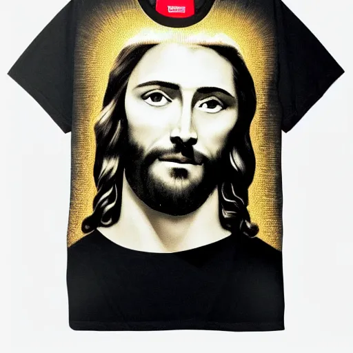 Image similar to a photo of a supreme t - shirt with an image of jesus on it, 4 k, highly detailed