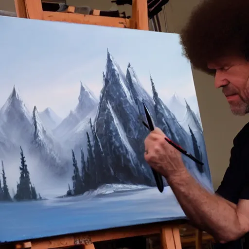 Image similar to a closeup photorealistic photograph of bob ross working on a canvas painting of darth vader. film still. brightly lit scene. mountains and trees. this 4 k hd image is trending on artstation, featured on behance, well - rendered, extra crisp, features intricate detail, epic composition and the style of unreal engine.