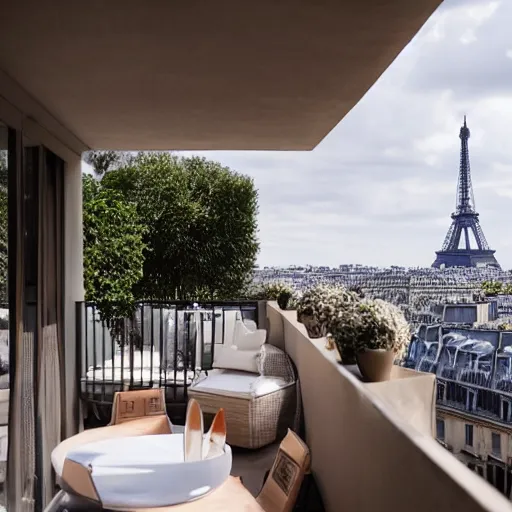 Image similar to clay pot on balcony overlooking paris eiffel tower, light pastel blue sky and clouds in the background, softly - lit, soft - warm, zen, light, modern minimalist f 2 0 clean