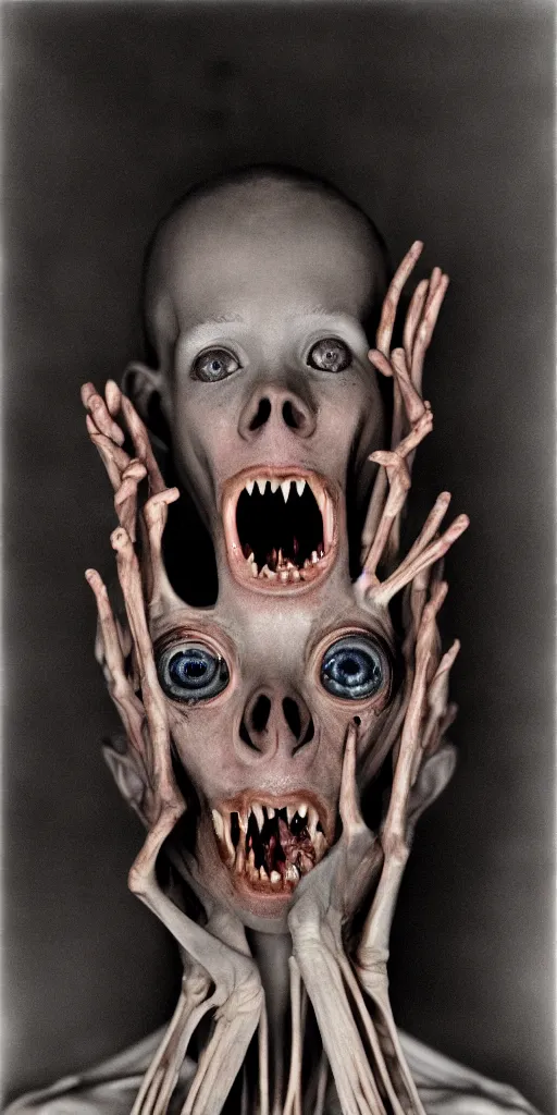 Image similar to award winning photo of anorexic boney pigman screaming eyes, vivid colors, happy, symmetrical face, beautiful eyes, studio lighting, wide shot art by Sally Mann & Arnold Newman