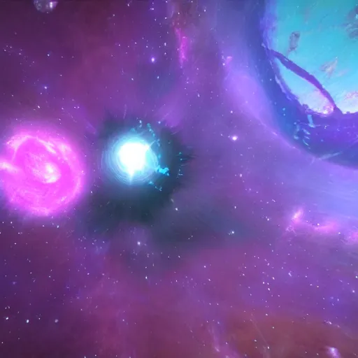 Prompt: nautiloid in space, unreal engine, nebula colours purple