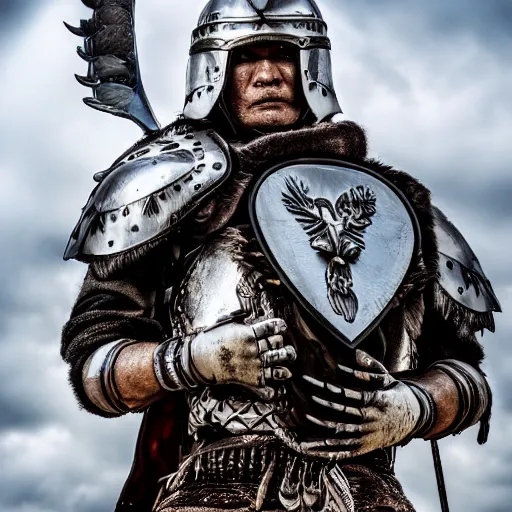 Image similar to warrior with metal eagle, armour 4k, HDR, smooth, sharp focus, hyper realistic, high resolution