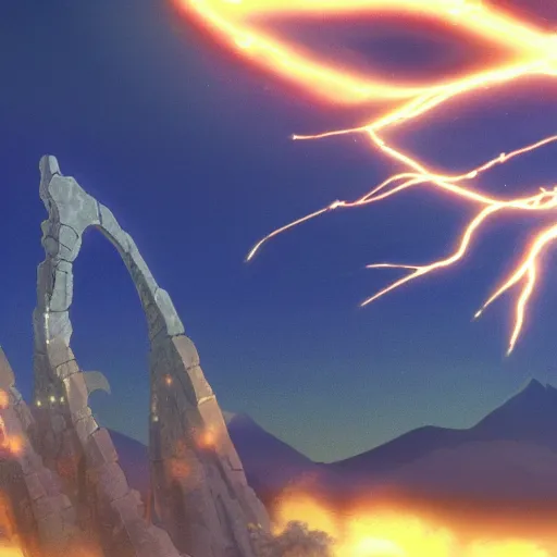 Prompt: a beautiful ultradetailed anime illustration of close up on lightning striking two ancient stone tablets, Mt. Sinai background, nighttime, spiritual, miraculous by makoto shinkai, anime wallpaper 4k, prismatic