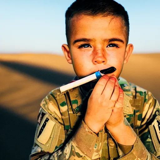 Image similar to portrait photography of soldier in the desert eating crayons, beautiful composition, ambient light