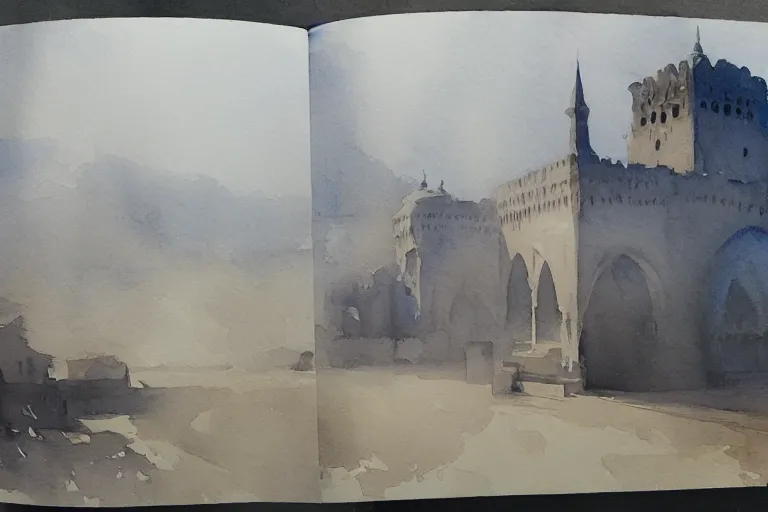 Image similar to small centered on watercolor paper, paint brush strokes, abstract watercolor painting of foggy dawn, ancient arabian mosque castle, cinematic light, national romanticism by hans dahl, by jesper ejsing, by anders zorn, by greg rutkowski, by greg manchess, by tyler edlin