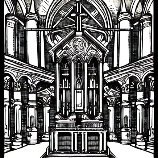 Image similar to detailed intricate comic style illustration of a robotic hydra with jack connectors for heads, inside a cathedral made from pro audio equipment