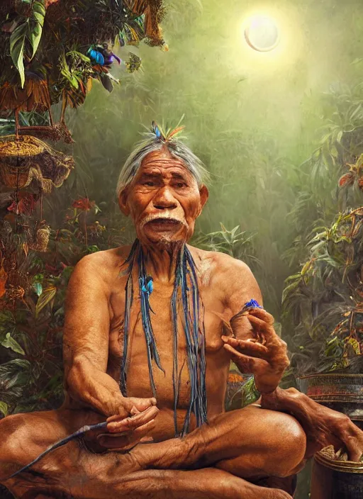 Image similar to a vision of the tobacco plant teacher spirit as an old indigenous man during an ayahuasca ceremony, surrounded by thick smoke, fractals, fantasy art, matte painting, highly detailed