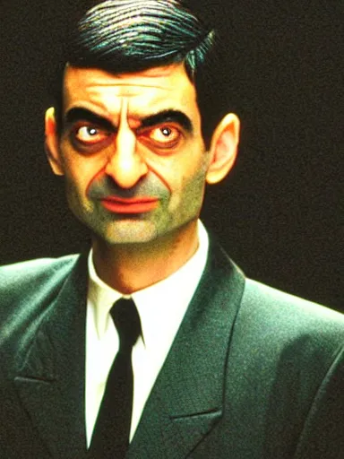 Prompt: Film still portrait of Mister Bean in Matrix (1999) playing Neo