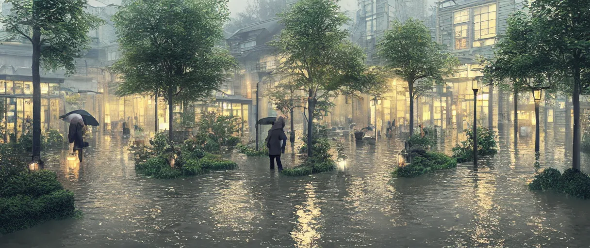 Prompt: raining at night at flooded miniature city, emotion is on the rise on the town, cute style garden, octane render, trees, evergreen, patio, garden, wet atmosphere, tender, soft light misty yoshitaka amano, and artgerm