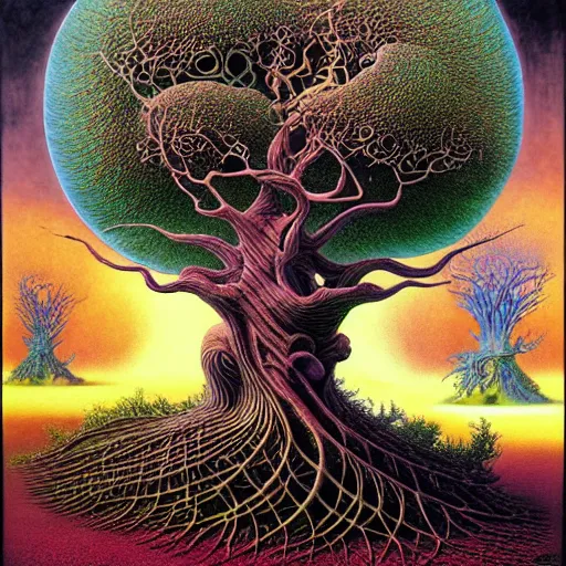 Image similar to sacred ancient ancestral mulberry tree by roger dean and andrew ferez, art forms of nature by ernst haeckel, divine chaos engine, symbolist, visionary, art nouveau, botanical fractal structures, tree of life, lightning, detailed, realistic, surreality