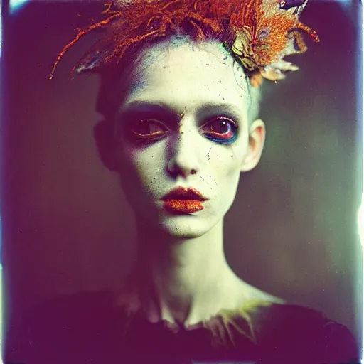 Prompt: kodak portra 4 0 0, wetplate, photo of a surreal artsy dream scene,, weird fashion, in the nature, highly detailed face, very beautiful model, portrait, upper body, expressive eyes, extravagant dress, carneval, animal, wtf, photographed by paolo roversi style and julia hetta