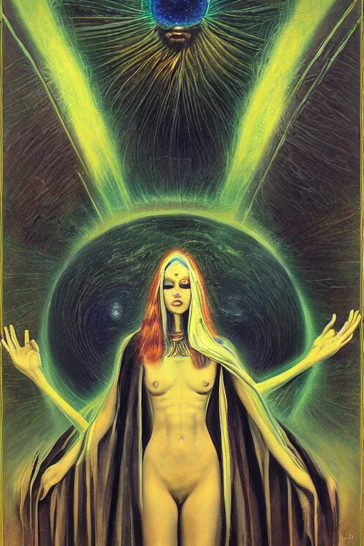 Image similar to gorgeous robed cult girl performing realism third eye ritual, dark theme night time, expanding energy into waves into the ethos, epic surrealism 8k oil painting, portrait, depth of field, perspective, high definition, post modernist layering, by Ernst Fuchs, Gerald Brom