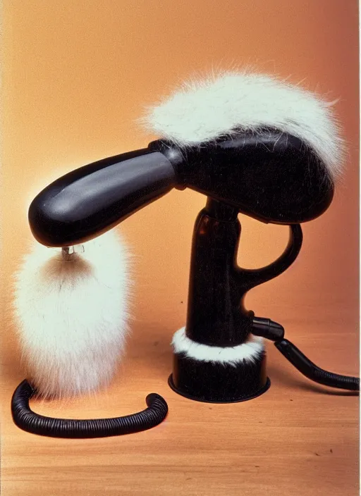 Image similar to realistic photo of a a medieval ritual chemistry appliance hairdryer, made of wood white clay and fur with black wires 1 9 9 0, life magazine reportage photo, natural colors, metropolitan museum collection