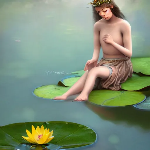Prompt: a contemplative romanticist painting of a small fairy sitting on the edge of a lotus leaf, her feet in the water, the lotus leaf is floating on water, 8k, photorealistic, award winning, trending on artstation, by WLOP