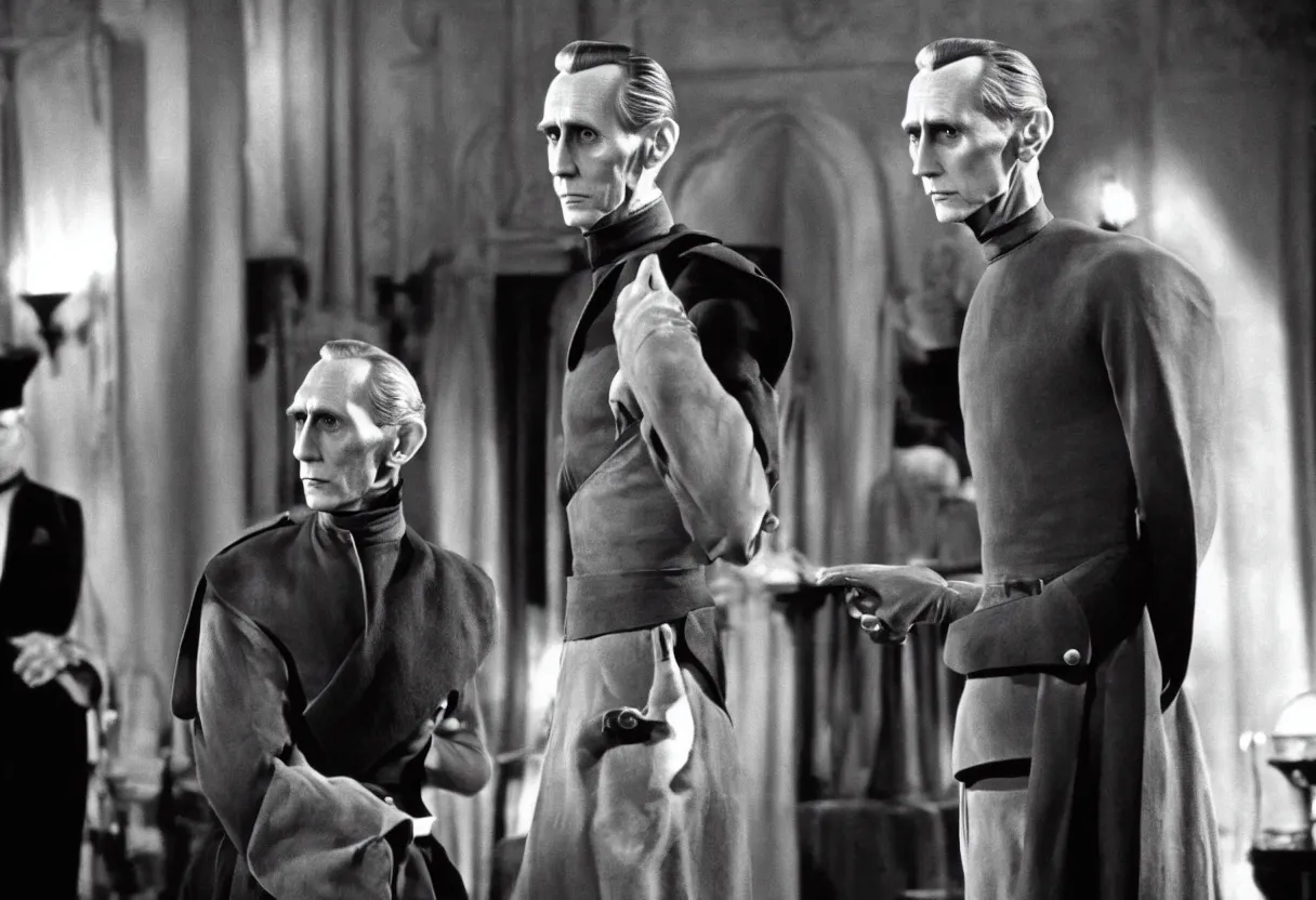 Image similar to still from the Disney plus show Tarkin! based around governor Tarkin’s pre-Empire life as a fading theatre star on Alderraan’s Broadway in the 1960s