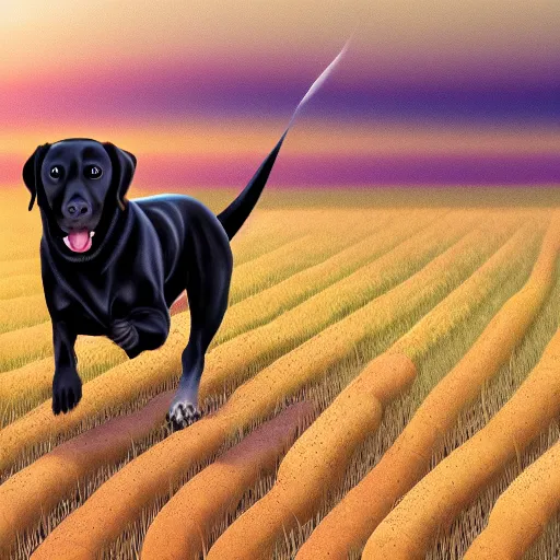 Image similar to black lab chasing a stick through a field of hotdogs, golden hour, very detailed, 4 k