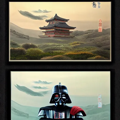 Image similar to realistic landscape painting of Darth Vader as Shogun in Japanese Palace, made by Michaelangelo, japanese style,physical painting, Sharp focus,digital art, bright colors,fine art, trending on Artstation, unreal engine.