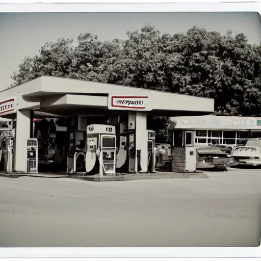 Image similar to polaroid photograph of a gas station from 1 9 6 8