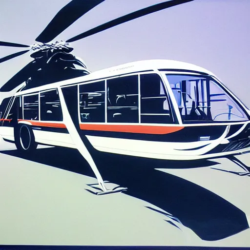 Image similar to concept art for bus + helicopter, painted by syd mead, high quality