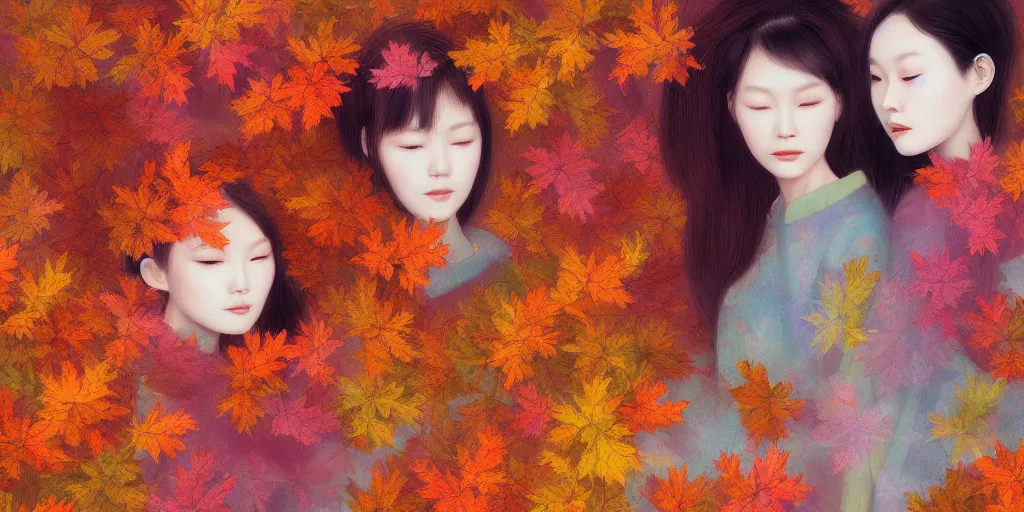 Prompt: breathtaking detailed concept art painting pattern blend of autumn leaves and girls, by hsiao - ron cheng, bizarre compositions, exquisite detail, pastel colors, 8 k