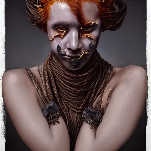 Image similar to portrait of a Shibari rope wrapped face and neck, headshot, insanely nice professional hair style, dramatic hair color, digital painting, of a old 17th century, old cyborg merchant, amber jewels, baroque, ornate clothing, scifi, realistic, hyperdetailed, chiaroscuro, concept art, art by Franz Hals and Jon Foster and Ayami Kojima and Amano and Karol Bak,