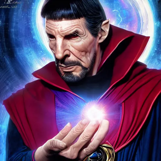 Image similar to portrait of leonard nimoy as doctor strange. portrait, concept art, sharp focus, smooth, artstation, by alex ross, by huang guangjian and gil elvgren and sachin teng