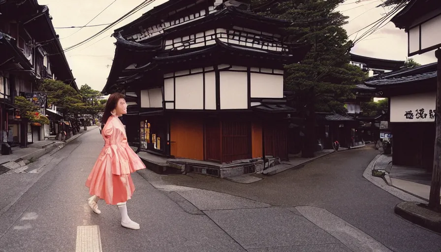 Image similar to 1 9 9 0 s candid 3 5 mm photo of a beautiful day in the a dreamy street in takayama japan mixed with details from tokyo and paris, cinematic lighting, cinematic look, golden hour, the clouds are epic and colorful with cinematic rays of light, a girl walks down the center of the street in a gucci dress, photographed by petra collins, uhd