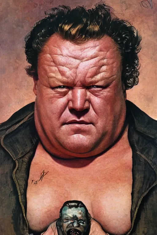 Image similar to dynamic upper body portrait of ray winstone as baron harkonnen in 1982 movie dune, by norman rockwell and boris vallejo