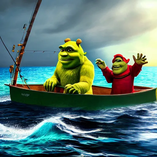 Image similar to life - sized gummi bear and shrek go deep sea fishing in a sportfisherman boat. the bear is fishing for swedish fish candy by using gummi worm candy as bait. photorealistic digital art, epic fantasy, dramatic lighting, cinematic, extremely high detail, cinematic lighting, trending, artstation, cgsociety, 3 d ue 5, 4 k, hq