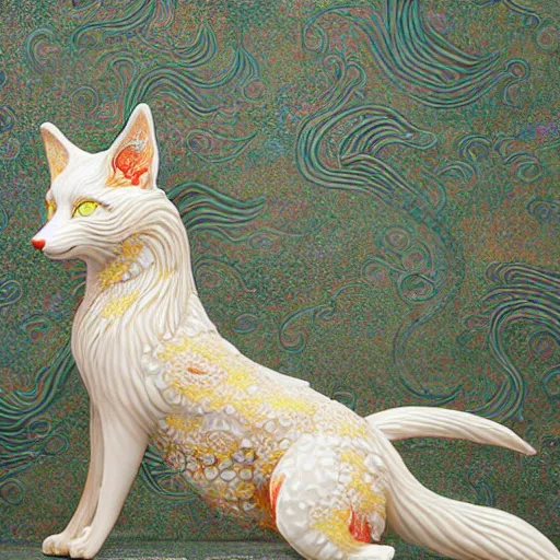 Image similar to A photo-real delicate ceramic porcelain sculpture of an ornate detailed kitsune in front of a intricate background by Victo Ngai and takato yamamoto, micro detail, backlit lighting, subsurface scattering, translucent, thin porcelain, octane renderer, colorful, physically based rendering, japanese pottery, trending on cgsociety