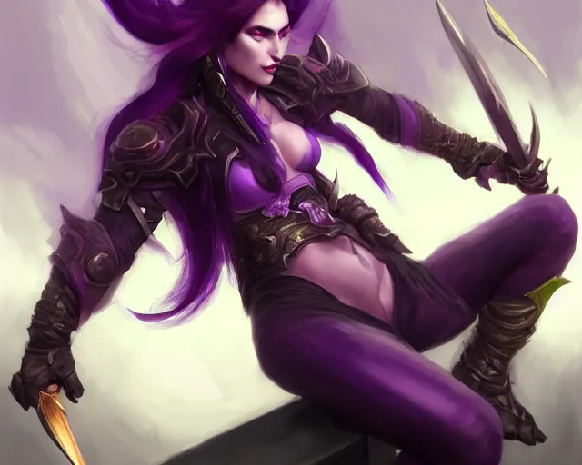 Image similar to purple hair demon hunter sharpening glaive sitting down, artstation; by astri lohne, kanliu666, chengwei pan, mingchen Shen, feng wei, crow god