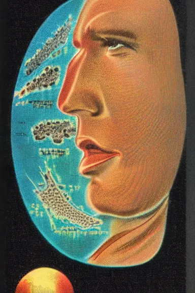 Image similar to A vintage scientific illustration from the 1970s of the Earth as a human face