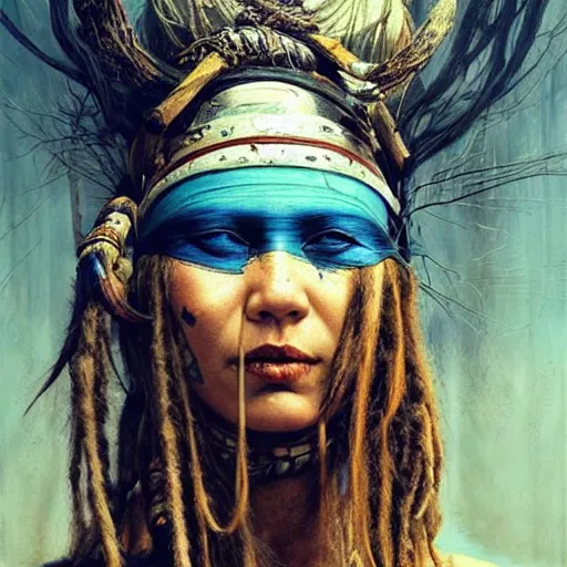 Image similar to A blindfolded shaman woman with a decorated headband, in the style of heilung, blue hair dreadlocks and wood on her head, atmospheric lighting, intricate detail, cgsociety, ambient light, dynamic lighting, art by karol bak